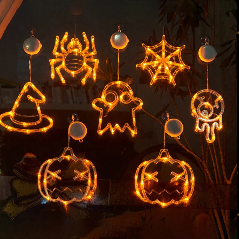 2025 New Orange Pumpkin Ghost Suction Cup Light - Halloween Autumn Window Decoration for Home Hanging Display