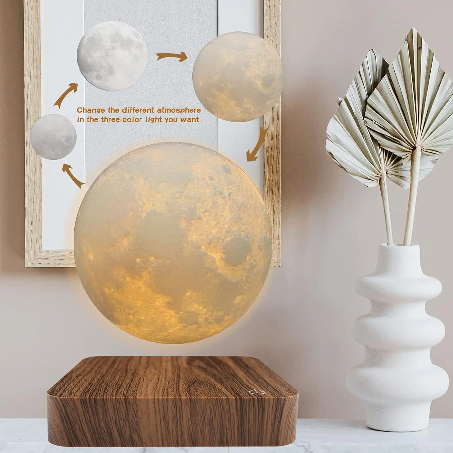 Levitating Moon Magnetic Floating Night Light - 3D Printed LED Lamp with Wooden Base for Office, Bedroom, and Home Decor