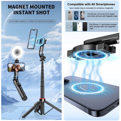 Magnetic Selfie Stick Tripod Stand for Iphone Samsung Huawei Cellphone 1.3M Extendable Magsafe Phone Tripod with Wireless Remote