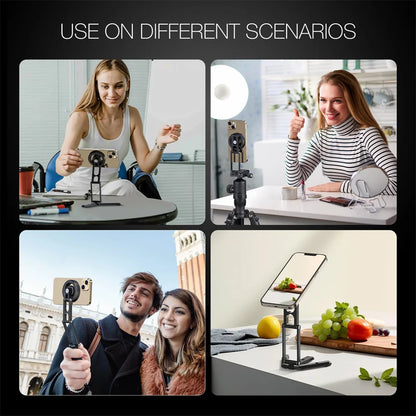 2025 Foldable Magnetic Phone Tripod Stand and Selfie Stick with Desktop Magnet Holder for iPhone 15/14/13/12 and Samsung MagSafe Cases