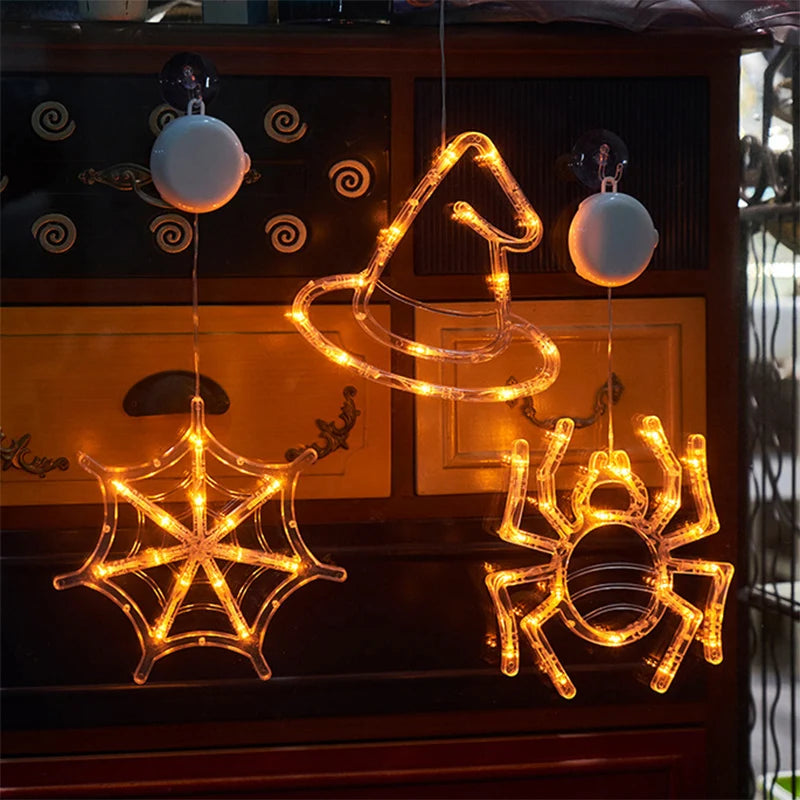 2025 New Orange Pumpkin Ghost Suction Cup Light - Halloween Autumn Window Decoration for Home Hanging Display