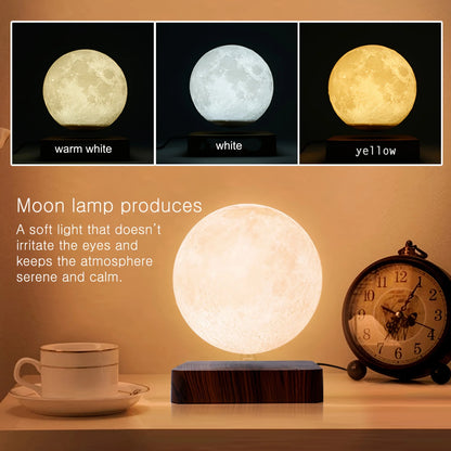 Levitating Moon Magnetic Floating Night Light - 3D Printed LED Lamp with Wooden Base for Office, Bedroom, and Home Decor