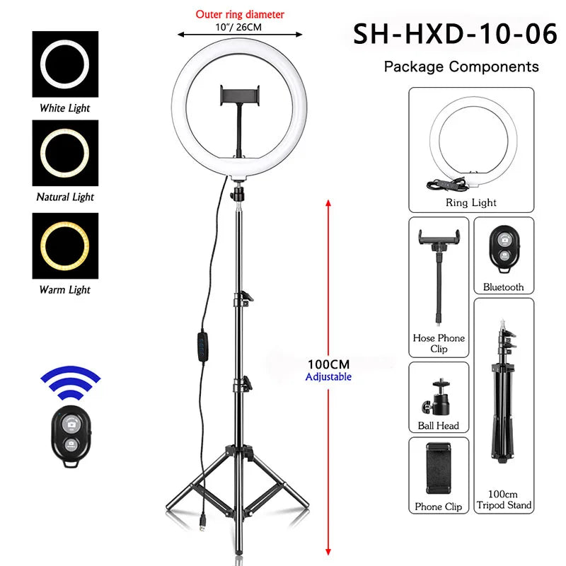 10Inch/26Cm LED Selfie Ring Light with Tripod Dimmable Ring Lamp Photography with Phone Holder for Makeup Video