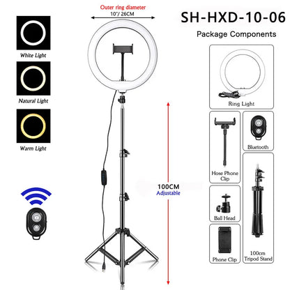 10Inch/26Cm LED Selfie Ring Light with Tripod Dimmable Ring Lamp Photography with Phone Holder for Makeup Video