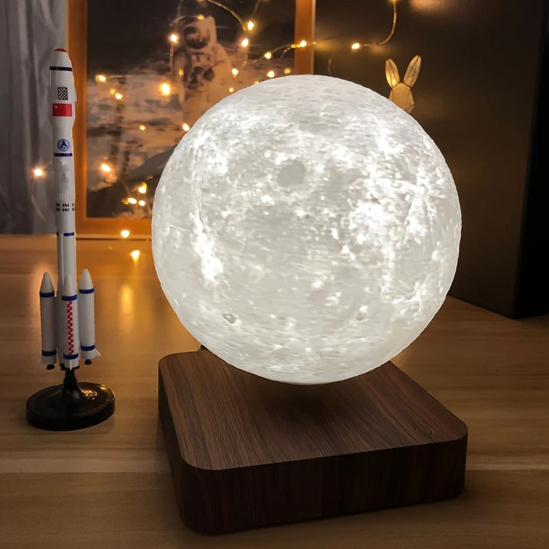 Levitating Moon Magnetic Floating Night Light - 3D Printed LED Lamp with Wooden Base for Office, Bedroom, and Home Decor