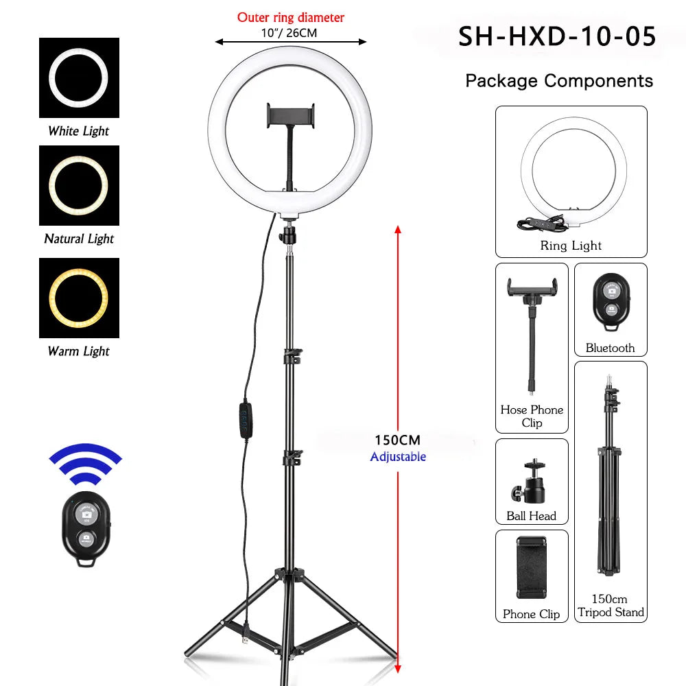 10Inch/26Cm LED Selfie Ring Light with Tripod Dimmable Ring Lamp Photography with Phone Holder for Makeup Video
