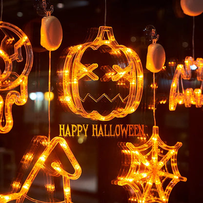 2025 New Orange Pumpkin Ghost Suction Cup Light - Halloween Autumn Window Decoration for Home Hanging Display