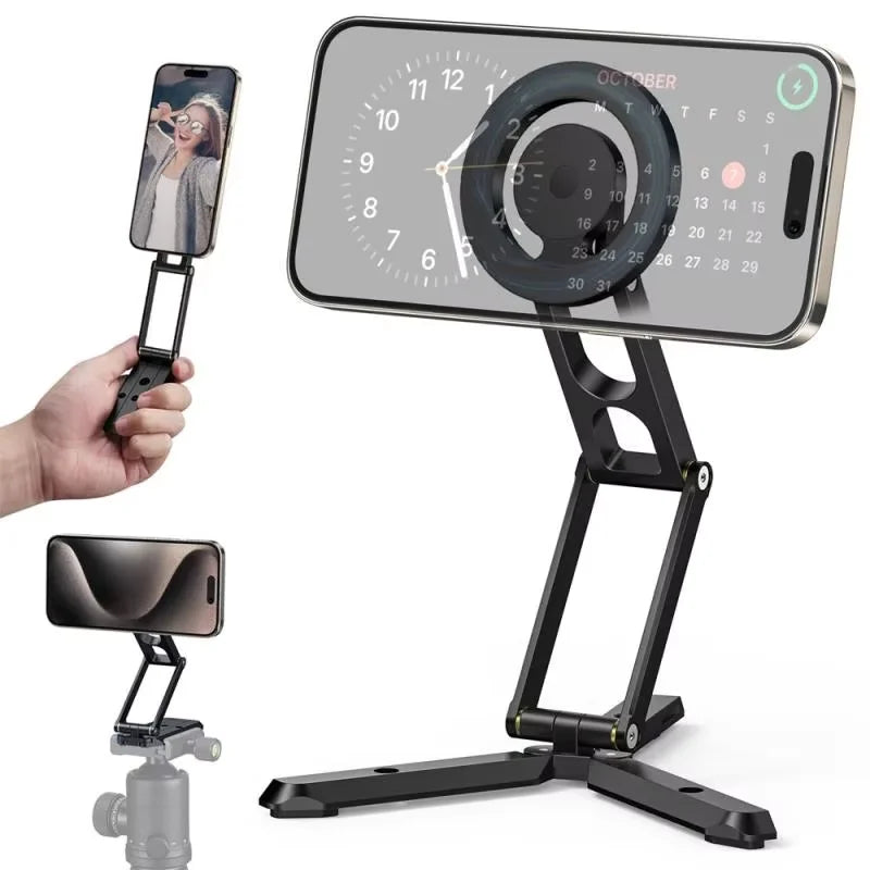 2025 Foldable Magnetic Phone Tripod Stand and Selfie Stick with Desktop Magnet Holder for iPhone 15/14/13/12 and Samsung MagSafe Cases